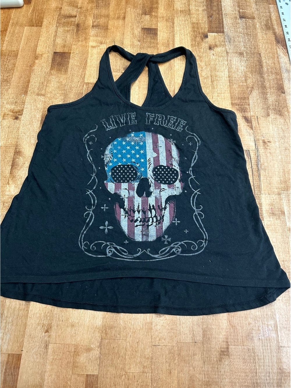 Black Racerback Tank Top with American Flag Skull Graphic